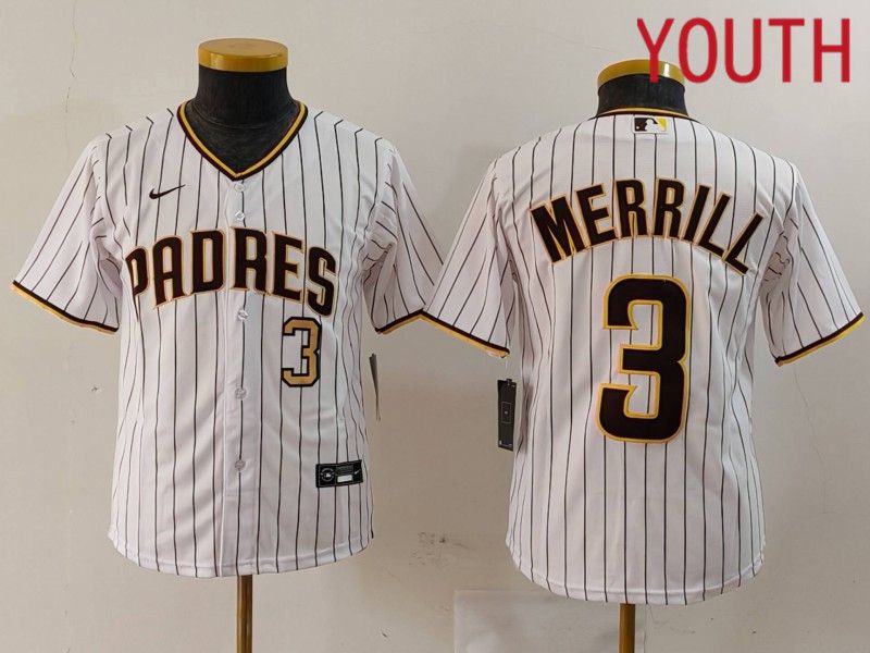 Youth San Diego Padres #3 Merrill White stripe Game 2024 Nike MLB Jersey style 2